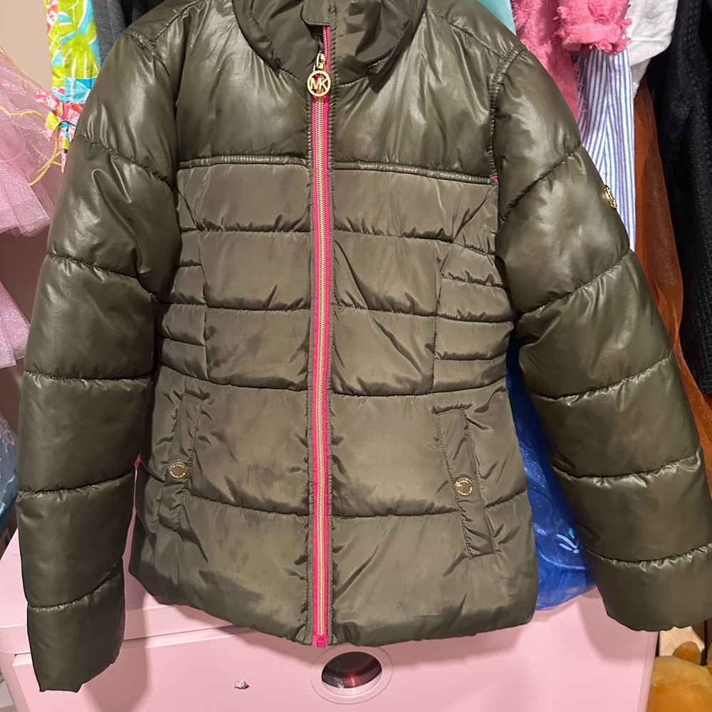 Michael Kors Kids Olive Puffer Jacket with Pink Trim